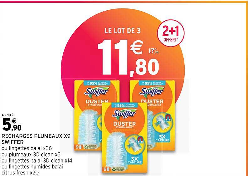 recharges plumeaux x9 swiffer ou lingettes balais x36 ou plumeaux 3d clean x5 ou lingettes balai 3d clean x14 ou lingettes humides balai citrus fresh x20
