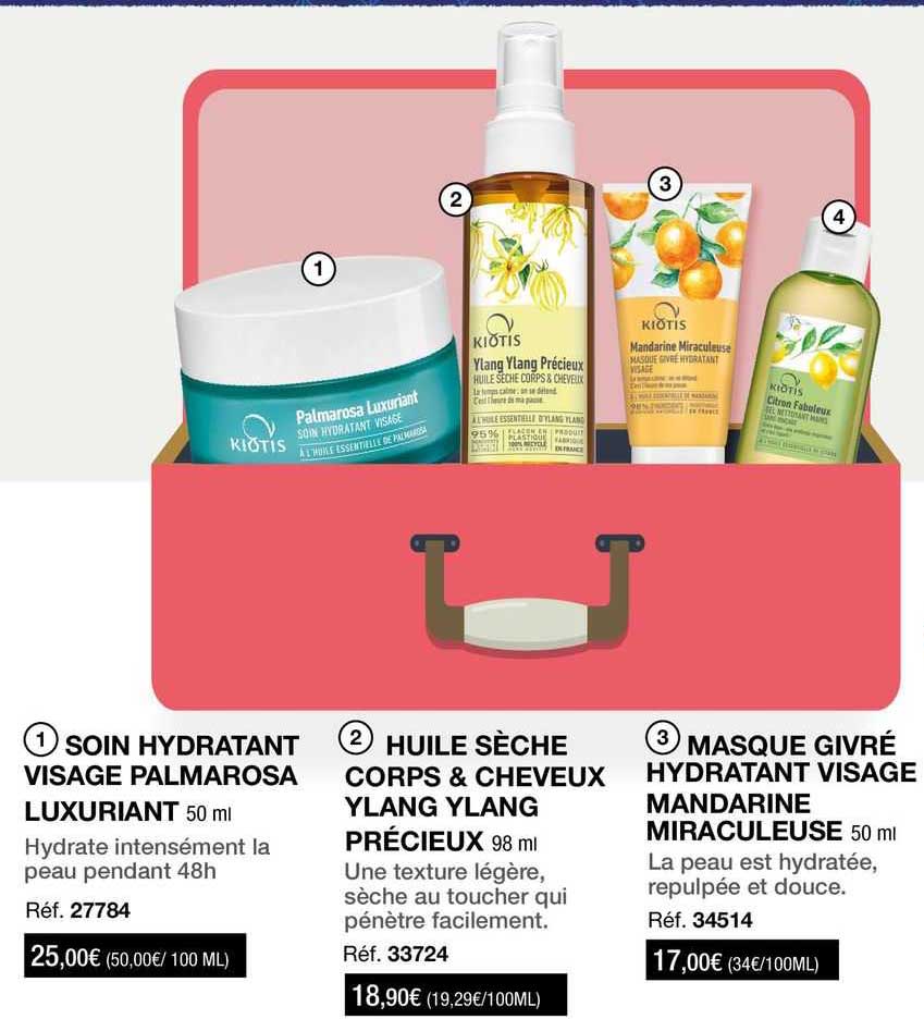 soin hydratant visage palmarosa luxuriant, huile sèche corps & cheveux ylang ylang précieux, masque givré hydratant visage mandarine miraculeuse