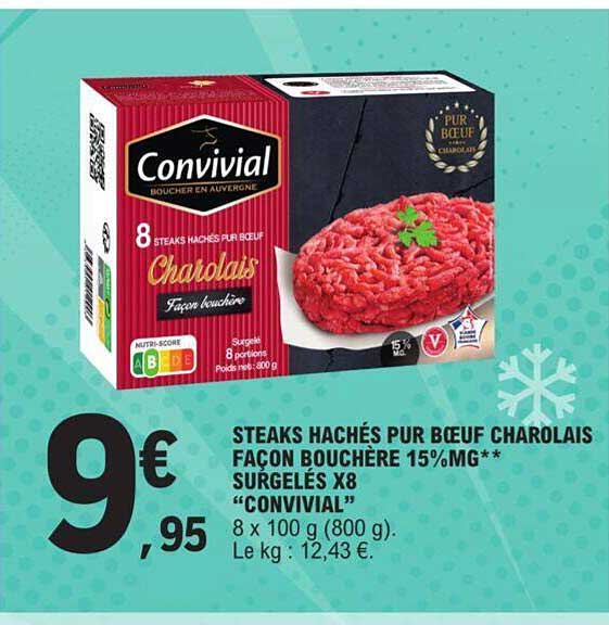 steaks hachés pur bœuf charolais façon bouchère 15% mg surgelés x 8 "convivial"