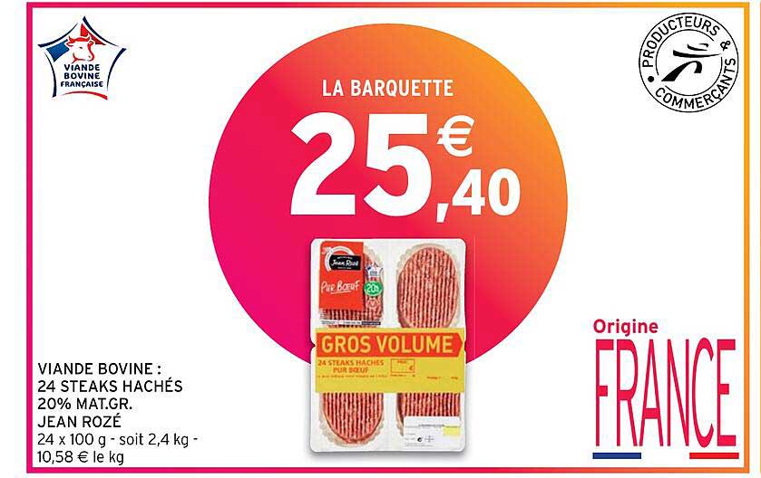 viande bovine : 24 steaks hachés 20% mat. gr. jean rozé