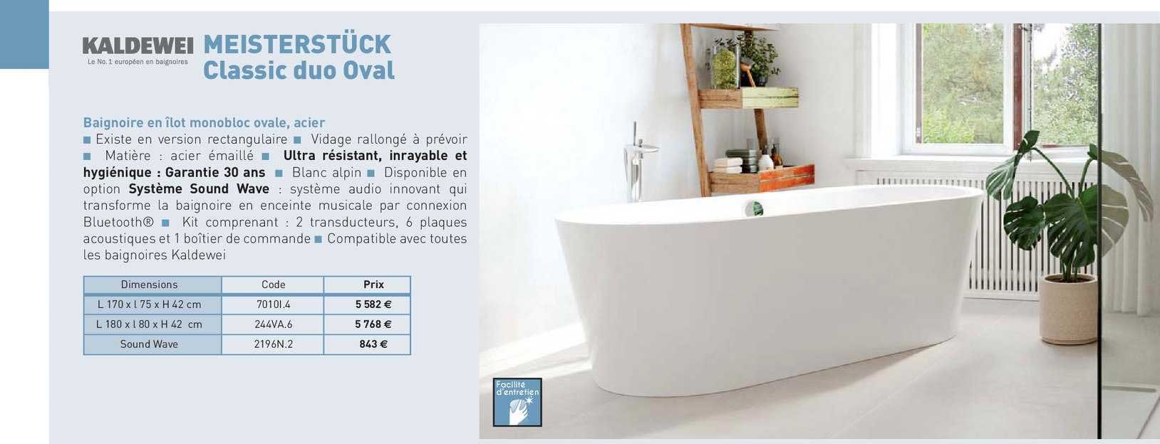 baignoire en îlot monobloc ovale, acier meisterstuck classic duo oval kaldewei