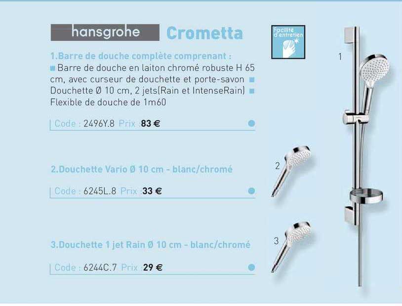 barre de douche complète, douchette vario, douchette 1 jet rain 10 cm