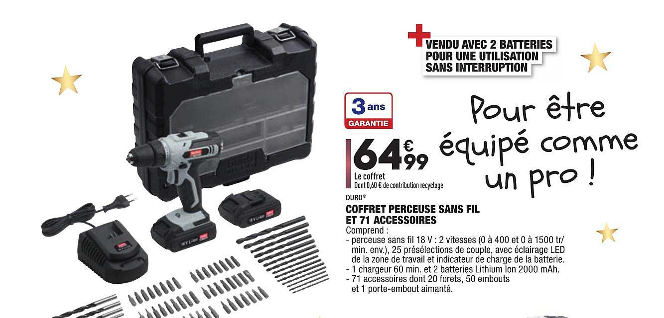 coffret perceuse sans fil et 71 accessoires duro