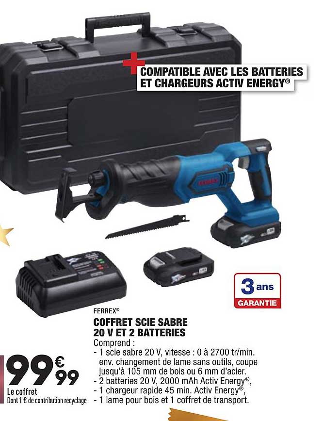 coffret scie sabre 20 v et 2 batteries ferrex