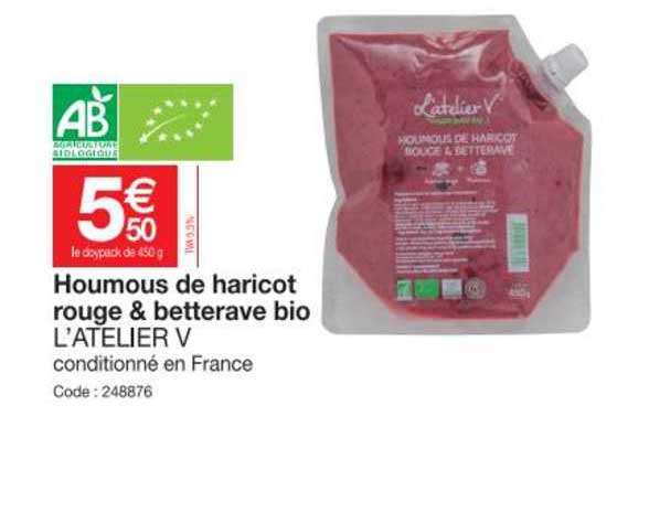 houmous de haricot rouge & betterave bio l'atelier v