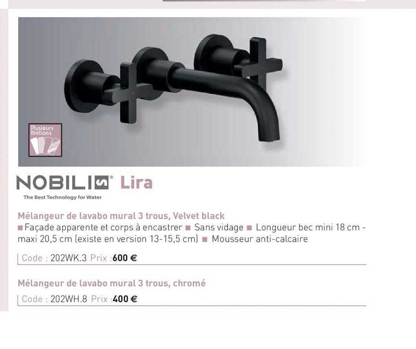 mélangeur de lavabo mural 3 trous, velvek black