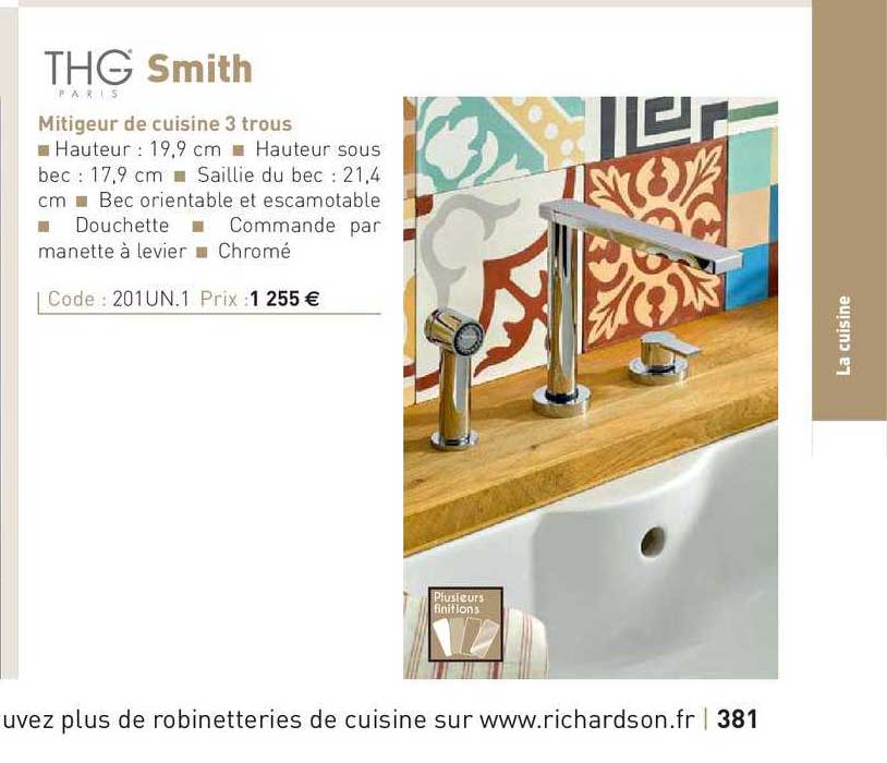mitigeur de cuisine 3 trous smith
