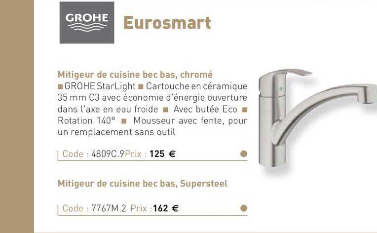 mitigeur de cuisine bec bas, chromé eurosmart
