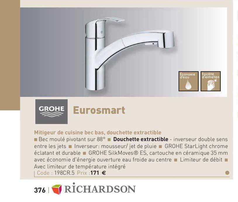 mitigeur de cuisine bec bas, douchette extractible eurosmart