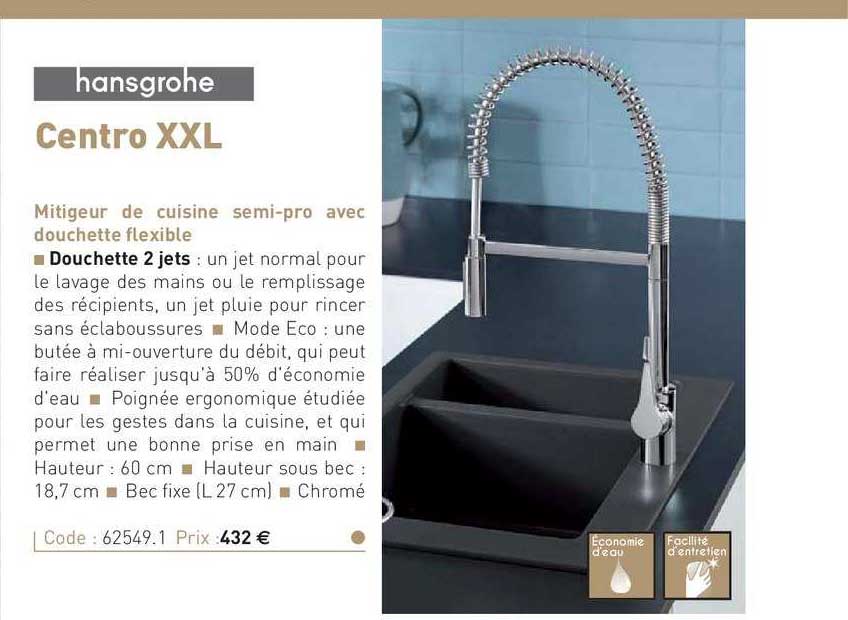 mitigeur de cuisine semi-pro avec douchette flexible centro xxl