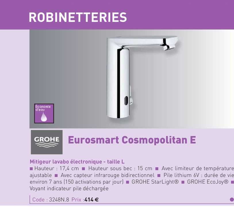 mitigeur lavabo électronique taille l eurosmart cosmopolitan e