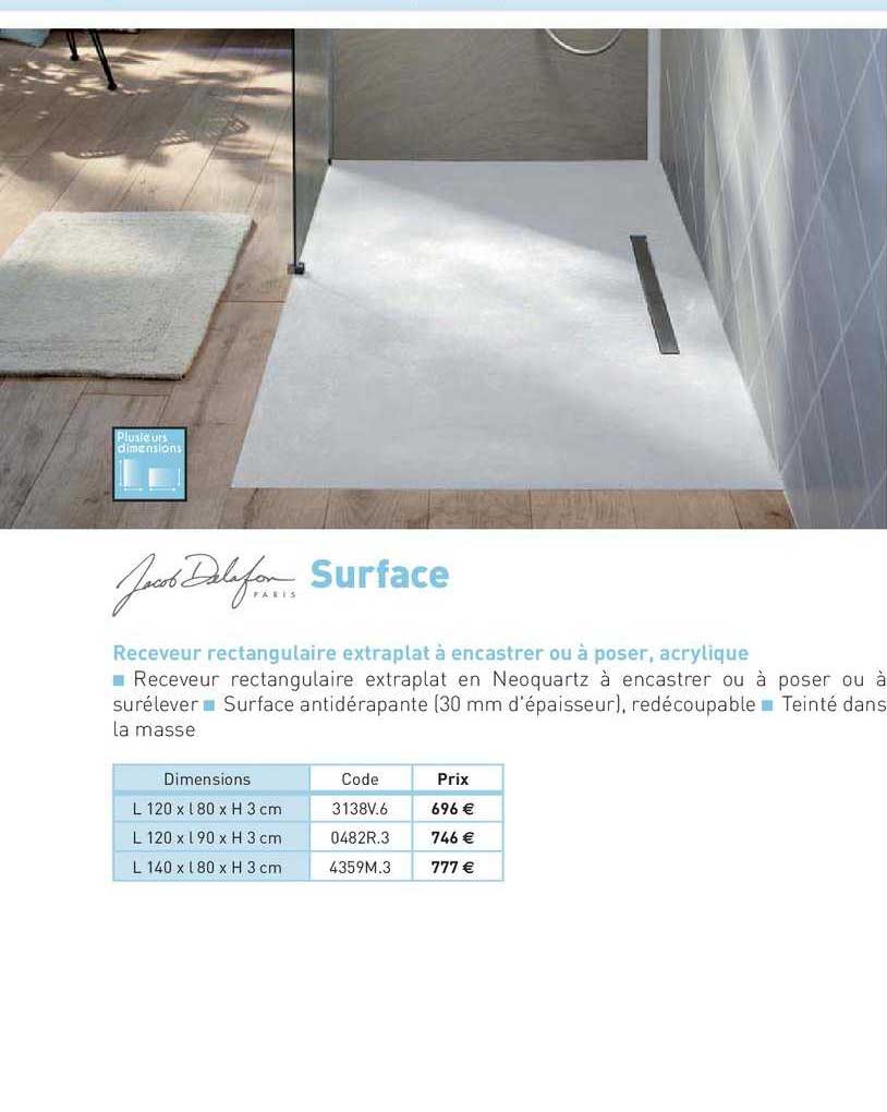 receveur rectangulaire extraplat à encastrer ou à poser , acrylique