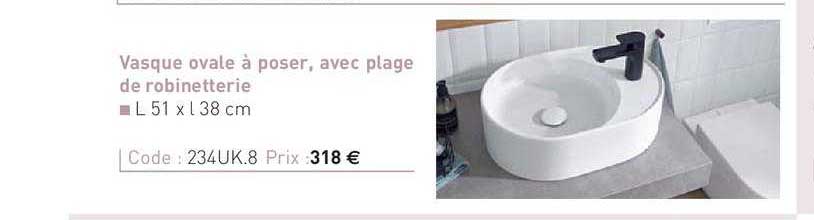 vasque ovale à poser, avec plage de robinetterie