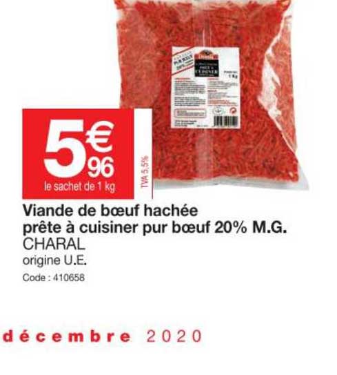 viande de bœuf hachée prête à cuisiner pur bœuf 20% m.g. charal