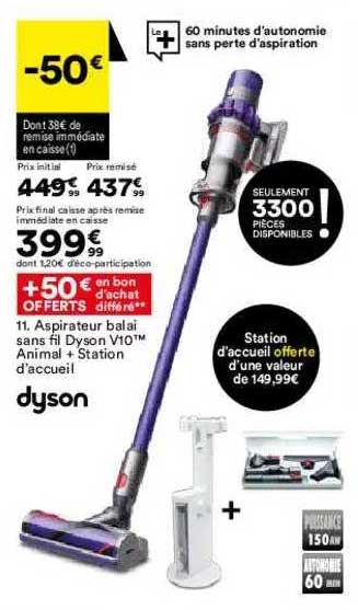 aspirateur balai sans fil dyson v10 animal + station d'accueil dyson