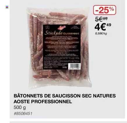 Bâtonnets De Saucisson Sec Natures Aoste Professionnel