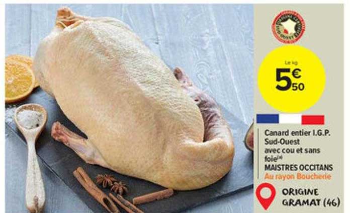 canard entier i.g.p. sud-ouest avec cou et sans foie maistres occitans