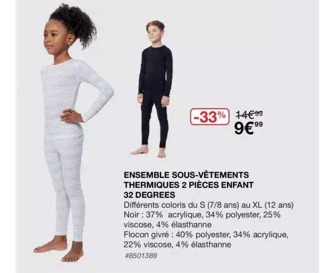 ensemble sous-vêtements thermiques 2 pièces enfant 32 dégrées
