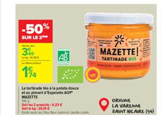 La Tartinade Bio à La Patate Douce Et Au Piment D'espelette Aop Mazette