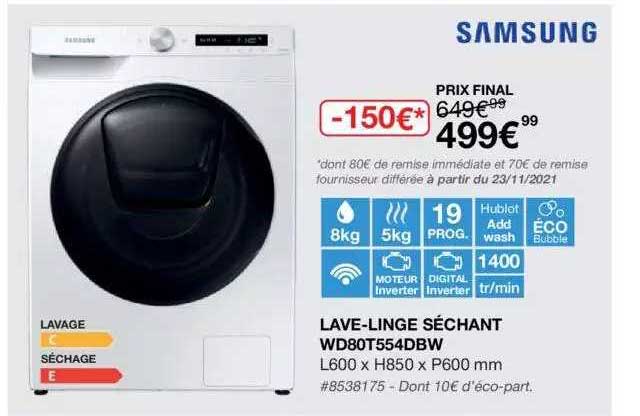 lave-linge séchant wd80t554dbw samsung
