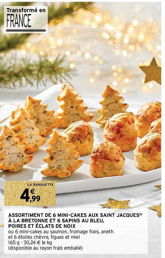 Assortiment De 6 Mini-cakes Aux Saint Jacques à La Bretonne Et 6 Sapins Au Bleu, Poires Et éclats De Noix