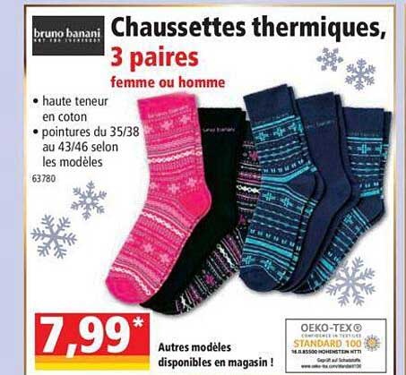chaussettes thermiques, 3 paires femme ou homme bruno banani
