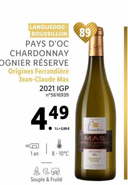 languedoc-roussillon pays d'oc chardonnay viognier réserve origines ferrandière jean-claude mas 2021 igp