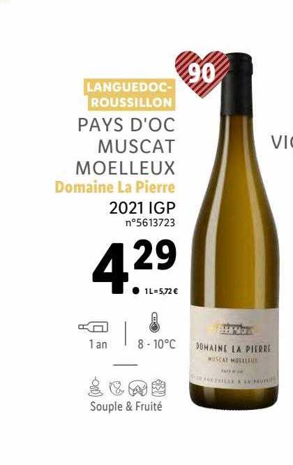 languedoc-roussillon pays d'oc muscat moelleux domaine la pierre 2021 igp