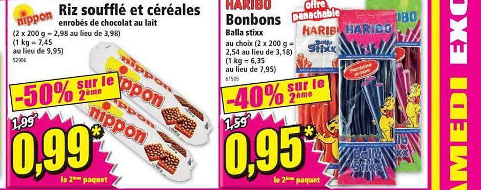 riz soufflé et céréales enrobés de chocolat au lait nippon, bonbons balla stixx haribo