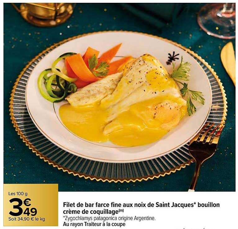 filet de bar farce fine aux noix de saint jacques bouillon crème de coquillage