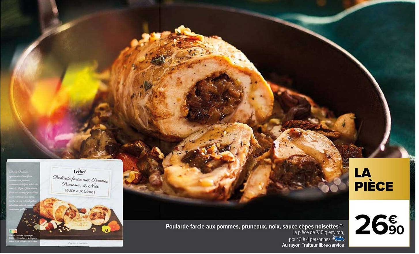 poularde farcie aux pommes, pruneaux, noix, sauce cèpes noisettes