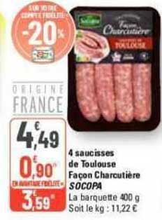 4 saucisses de toulouse façon charcutière socopa