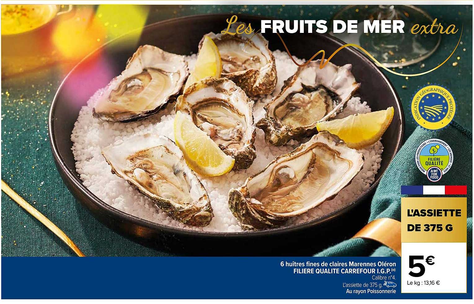 6 huîtres fines de claires marennes oléron filière qualité carrefour i.g.p.