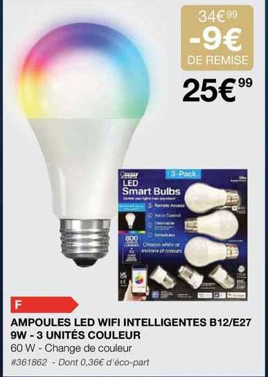 ampoules led wifi intelligentes b12/e27 9w - 3 unités couleur