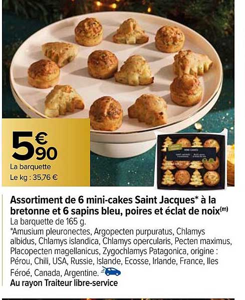 assortiment de 6 mini-cakes saint jacques à la bretonne et 6 sapins bleu, poires et éclat de noix
