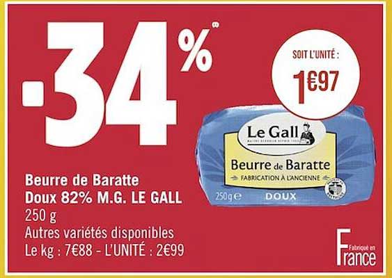 beurre de baratte doux 82% m.g. le gall