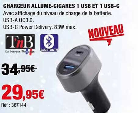 chargeur allume-cigares 1 usb et 1 usb-c tnb