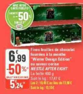 fines feuilles de chocolat fourrées à la menthe "winter design édition" ou saveur cerise nestlé after eight
