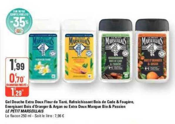 gel douche extra doux fleur de tiaré, rafraîchissant bois de cade & fougère, énergisant bois d'oranger & argan ou extra doux mangue bio & passion le petit marseillais