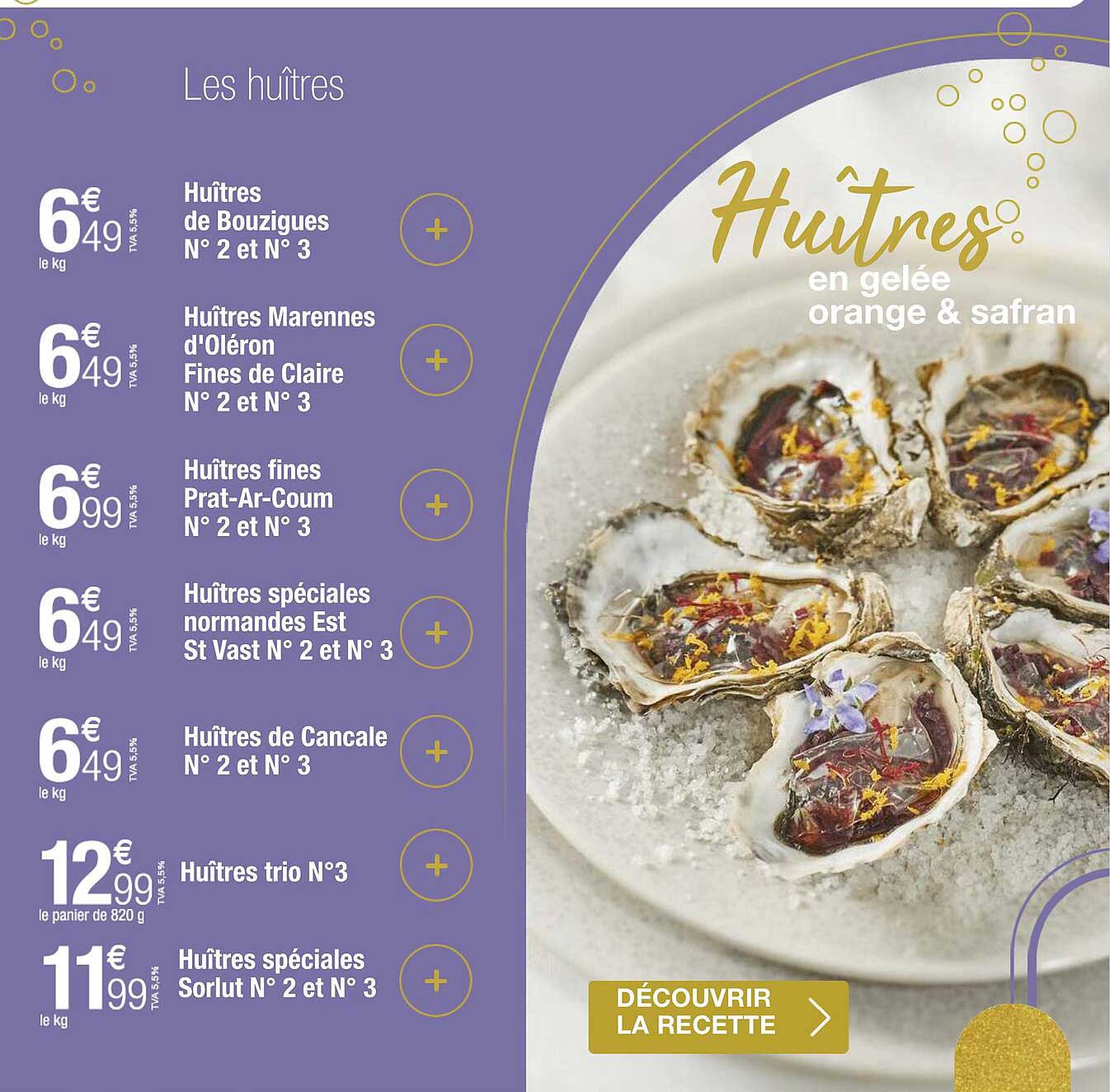 huîtres de bouzigues n°2 et n°3, huîtres marennes d'oléron fines de claire n°2 et n°3, huîtres fines prat-ar-coum n°2  et n°3, huîtres spéciales normandes est st vast n°2  et n°3, huîtres de cancale