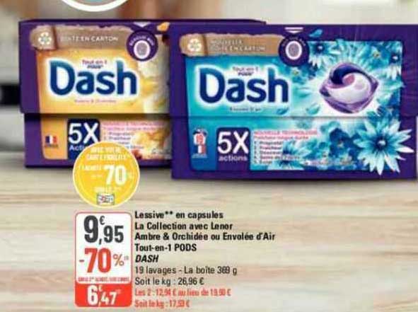 lessive en capsules la collection avec lenor ambre & orchidée ou envolée d'air tout-en-1 pods dash