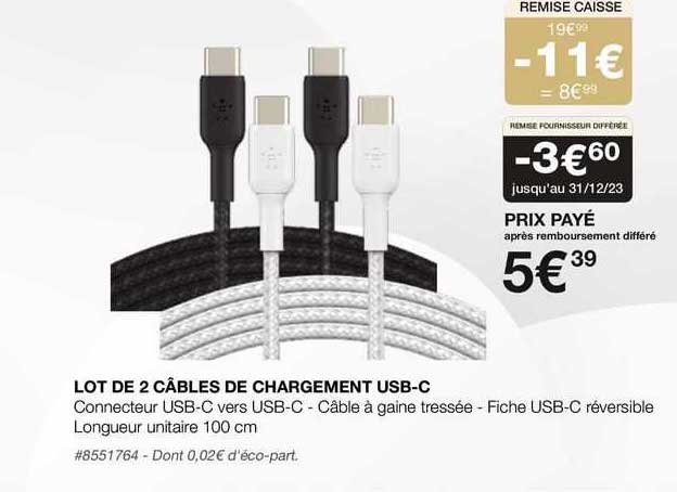 lot de 2 câbles de chargement usb-c
