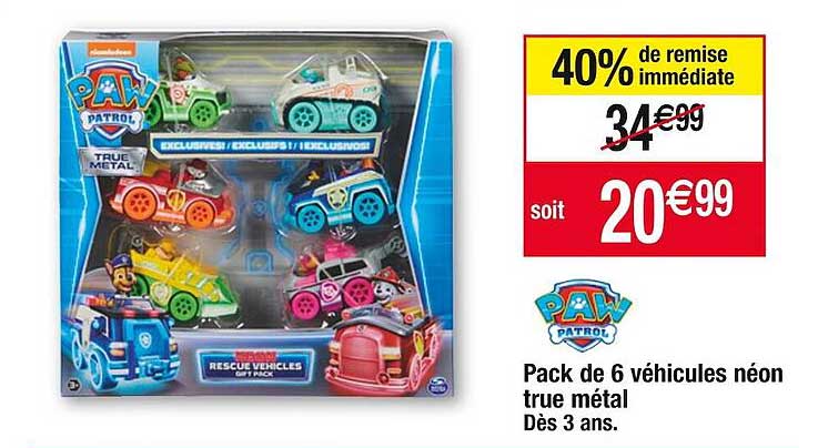pack de 6 véhicules néon true métal paw patrol