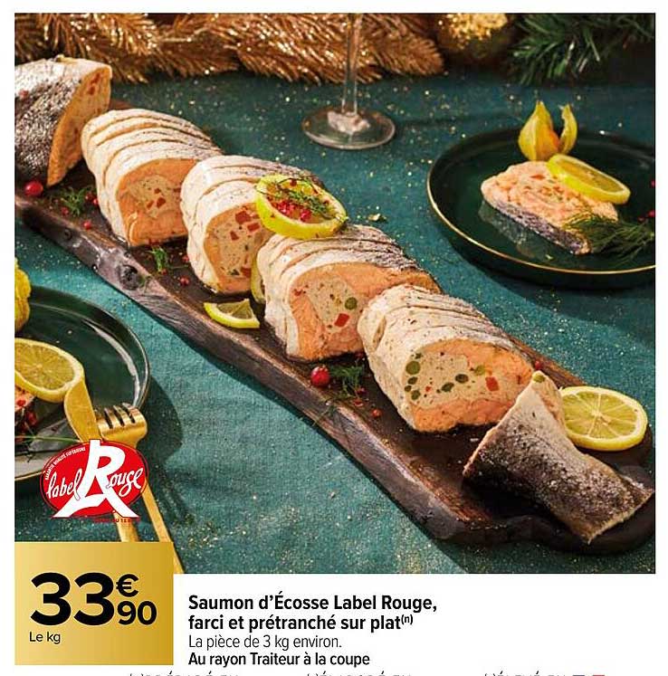 saumon d'écosse label rouge, farci et prétranché sur plat