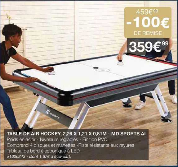 table de air hockey, 2,26 x 1,21 x 0,81m - md sports ai