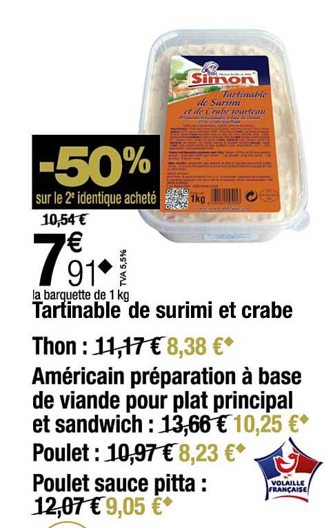 tartinable de surimi et crabe, thon, américain préparation à base de viande pour plat principal et sandwich, poulet, poulet sauce pitta
