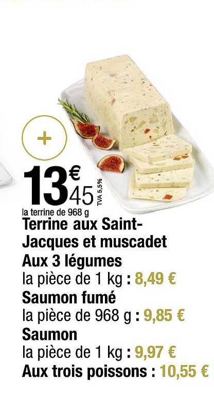 terrine aux saint-jacques et muscadet aux 3 légumes, saumon fumé, saumon, aux trois poissons