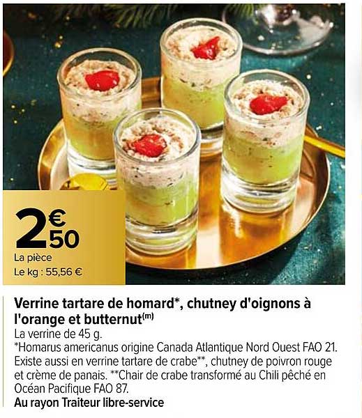 verrine tartare de homard, chutney d'oignons à l'orange et butternut
