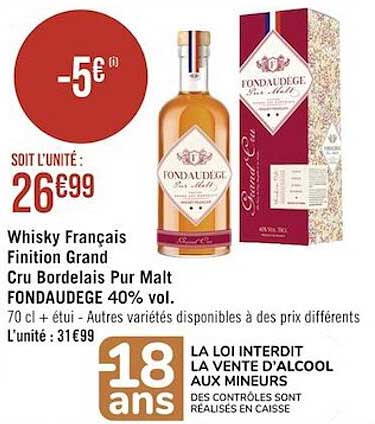 whisky français finition grand cru bordelais pur malt fondaudège 40% vol.