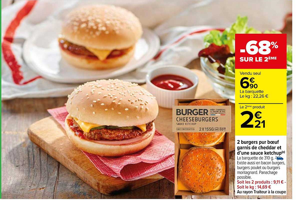 2 burgers pur bœuf garnis de cheddar et d'une sauce ketchup